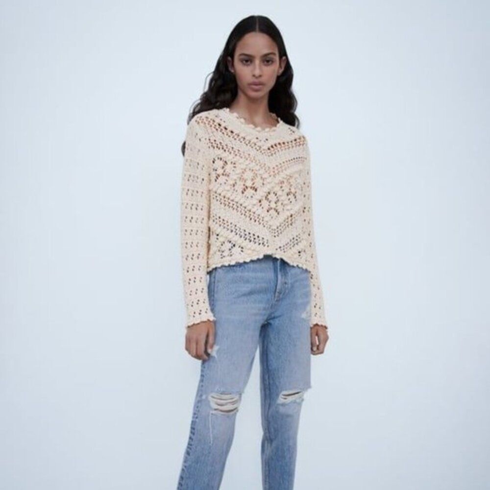 Cream Zara Textured Crochet Knit Long Sleeve Sweater (NWT)